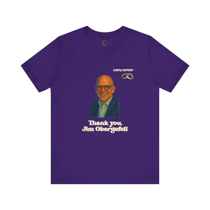 Purple t-shirt with a graphic of Jim Obergefell and text on a white background