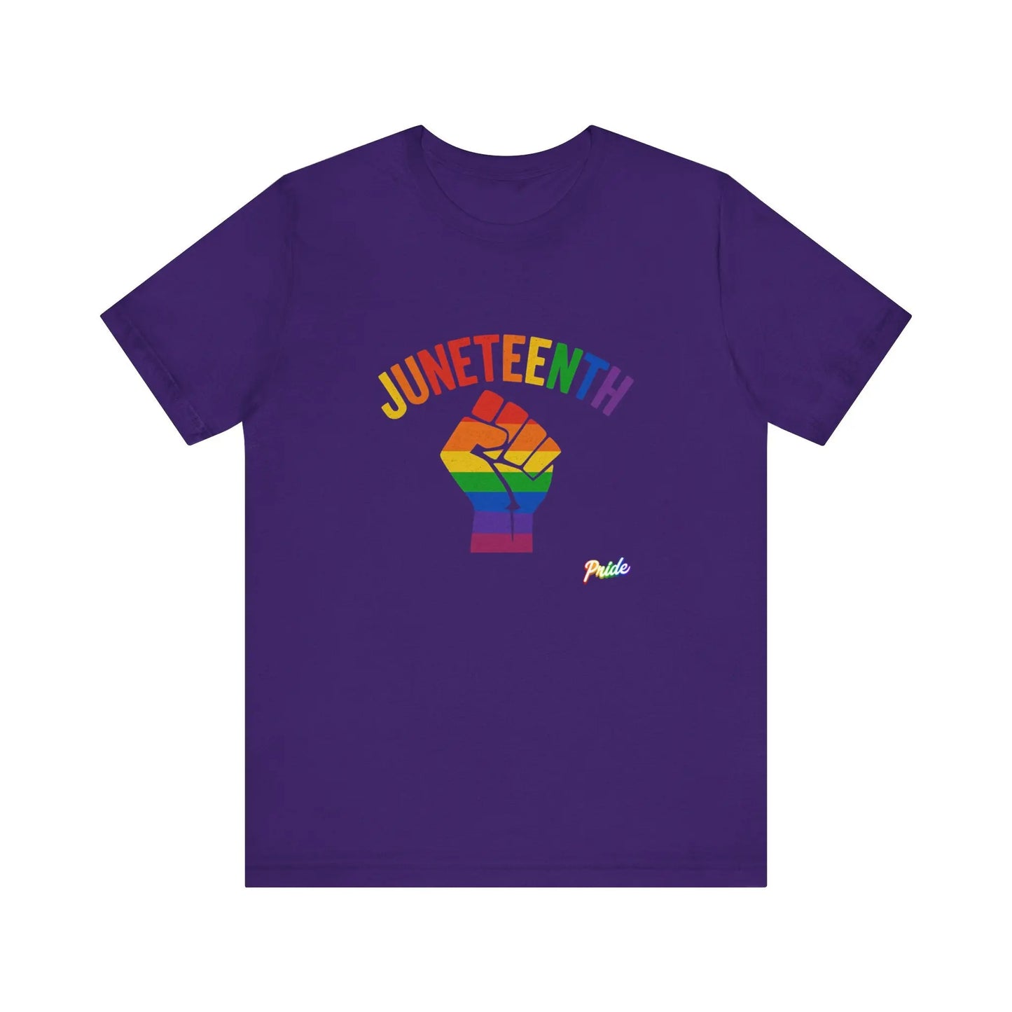 Purple t-shirt with 'Juneteenth' and rainbow fist graphic on a white background