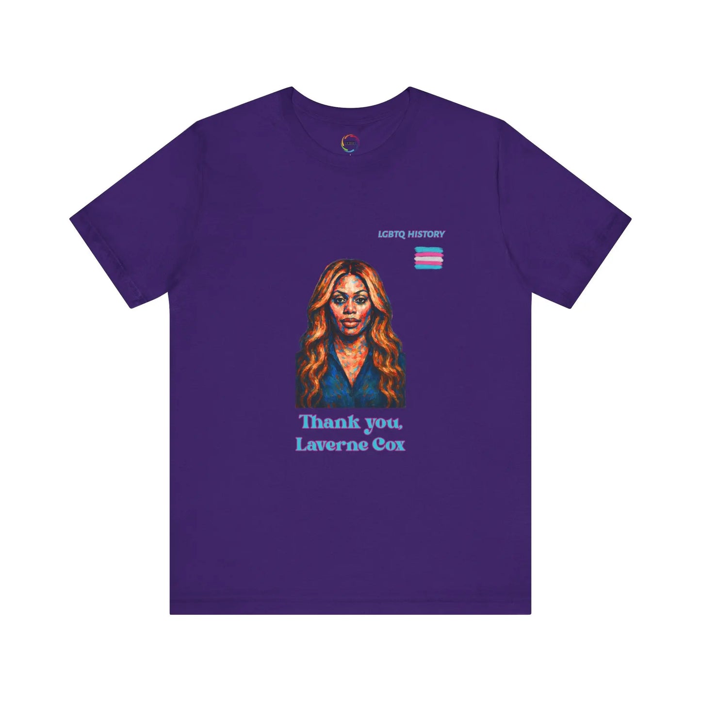 Purple t-shirt with a graphic of Laverne Cox and text on a white background
