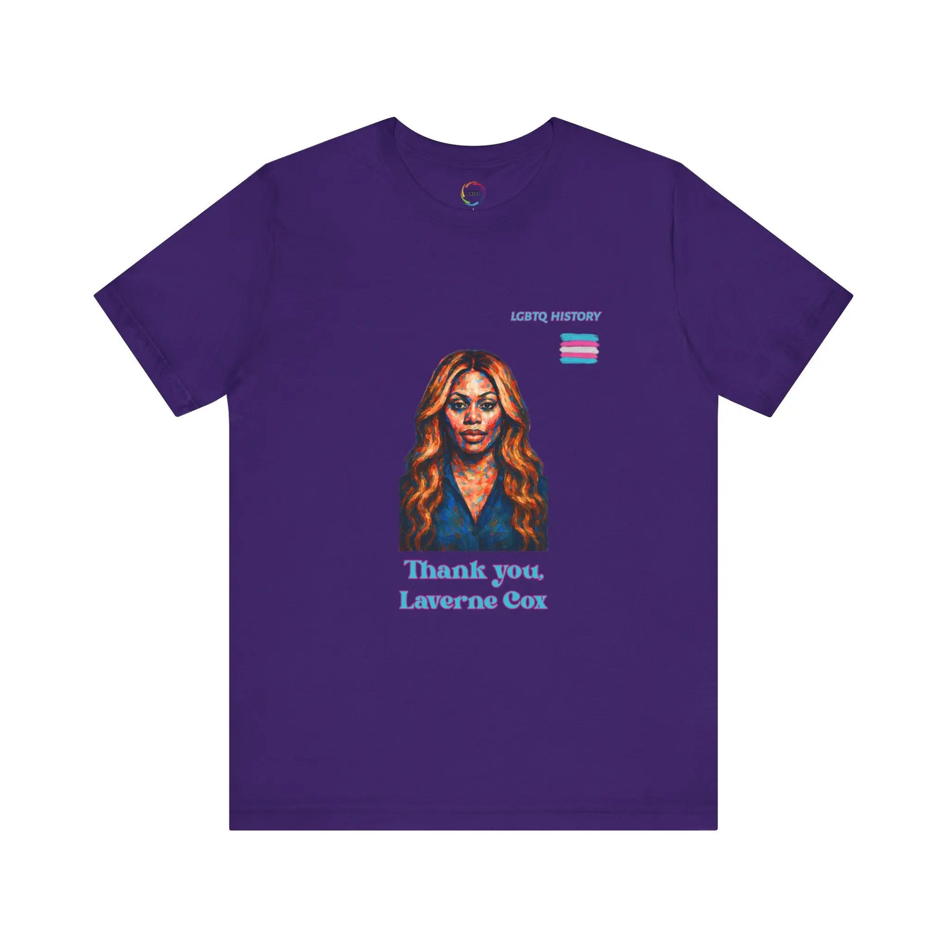 Purple t-shirt with a graphic of Laverne Cox and text on a white background