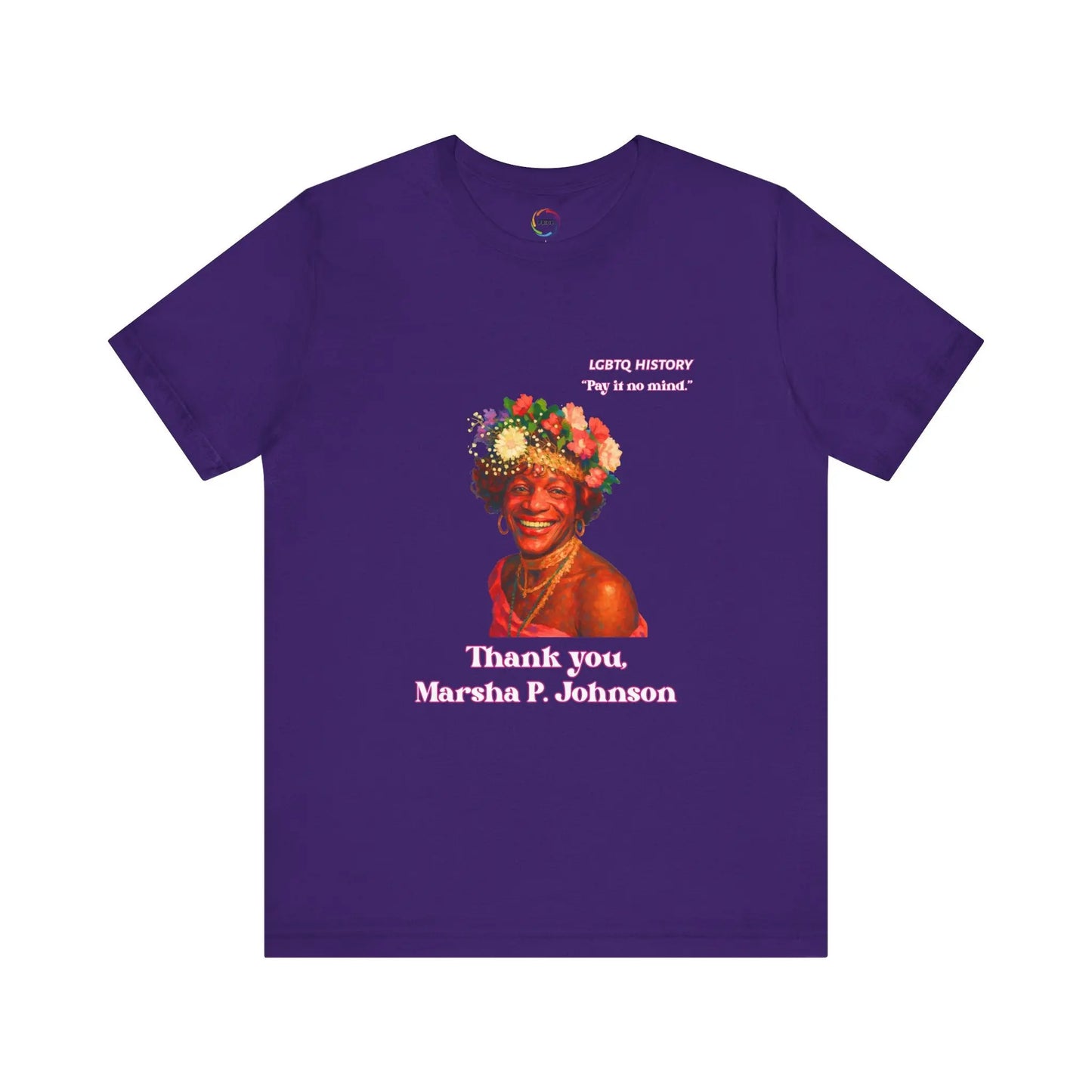 Purple t-shirt with a graphic of Marsha P. Johnson with flowers in her hair and text on a white background
