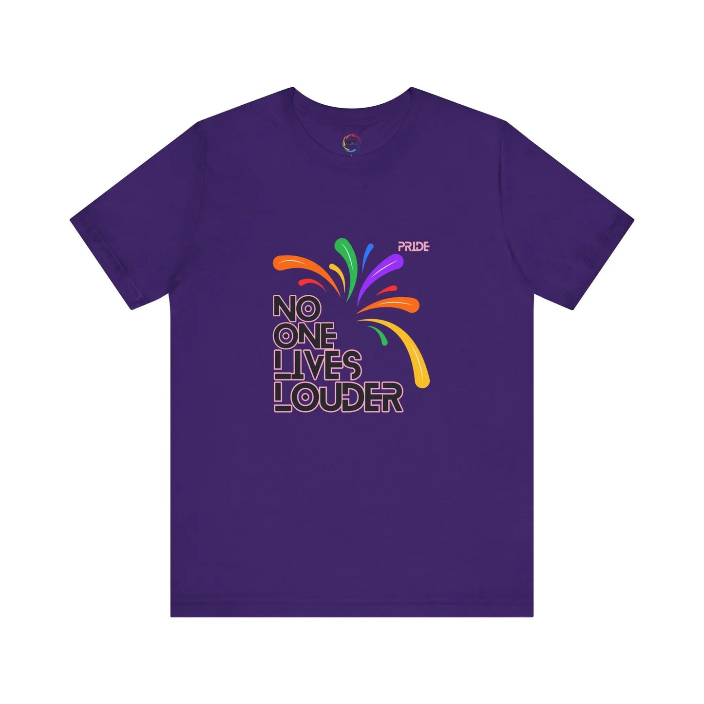 A purple short sleeve tee with text saying "No One Lives Louder" and a fireworks design.