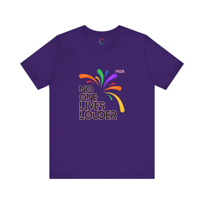 A purple short sleeve tee with text saying "No One Lives Louder" and a fireworks design.