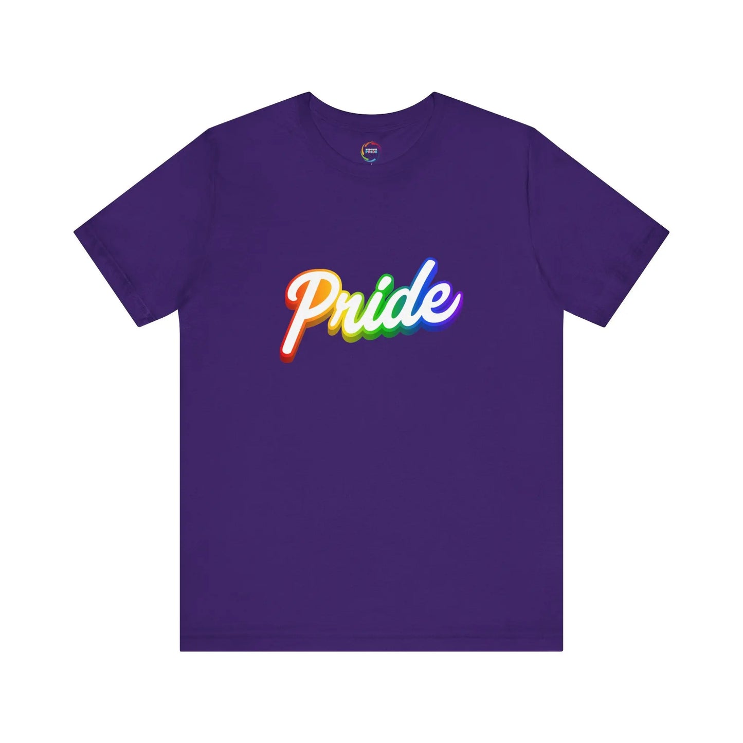 Purple t-shirt with 'Pride' in rainbow colors on a white background