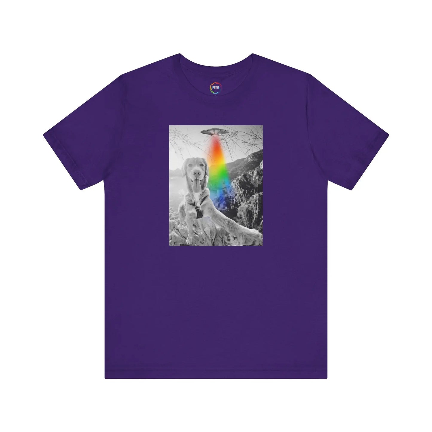 Purple t-shirt with a graphic design of a UFO, a dog with a rainbow on a white background