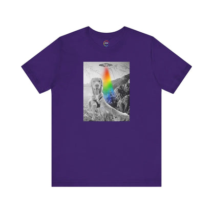 Purple t-shirt with a graphic design of a UFO, a dog with a rainbow on a white background