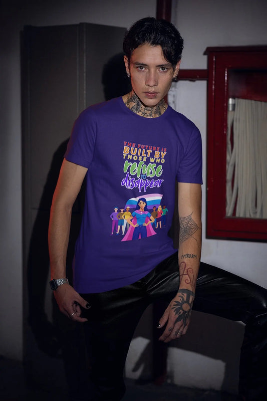 A person wearing a purple unisex short-sleeve t-shirt with text saying, "The future is built by those who refuse to disappear," and graphic design.