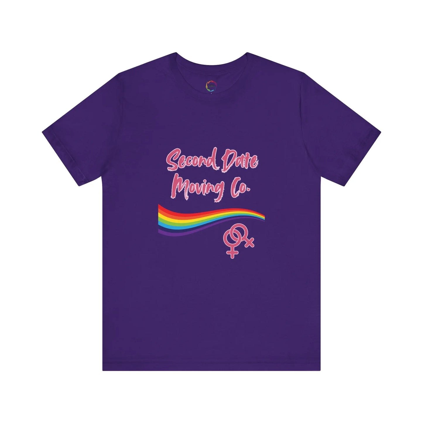 Purple t-shirt with pink text and rainbow design on a white background
