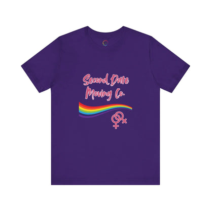 Purple t-shirt with pink text and rainbow design on a white background