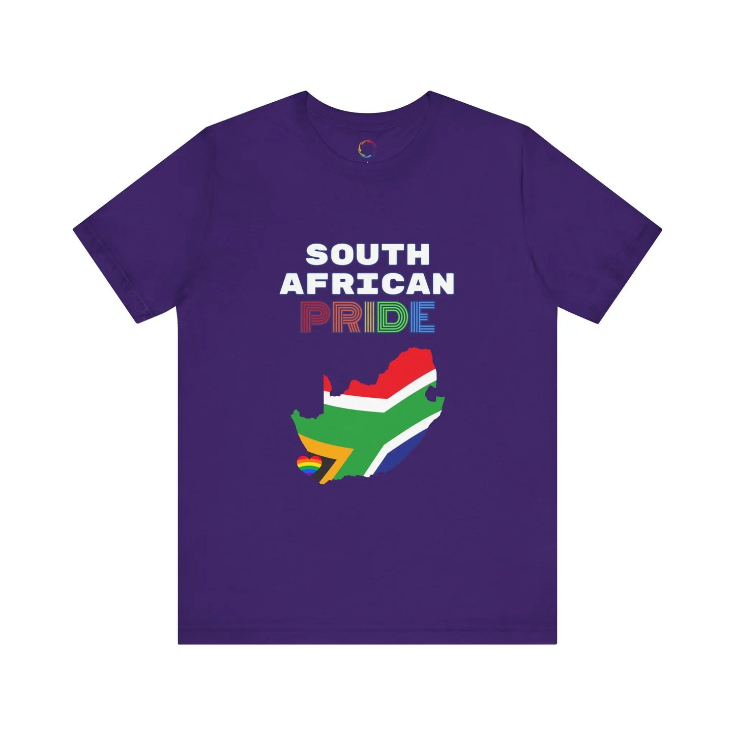 A purple short-sleeve t-shirt with 'SOUTH AFRICAN PRIDE' text and a graphic of the South African flag on it.