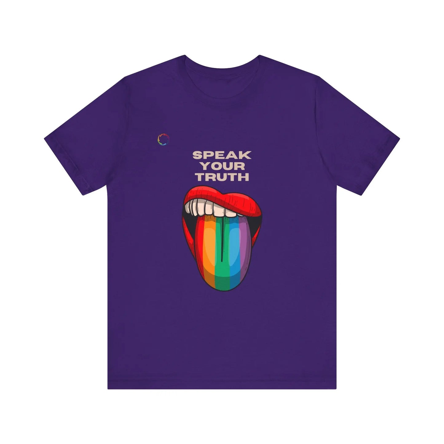 A purple tee with a colorful graphic of a rainbow tongue with text that says 'Speak Your Truth' on a white background.