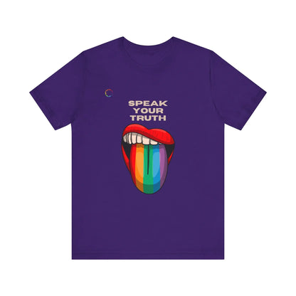 A purple tee with a colorful graphic of a rainbow tongue with text that says 'Speak Your Truth' on a white background.