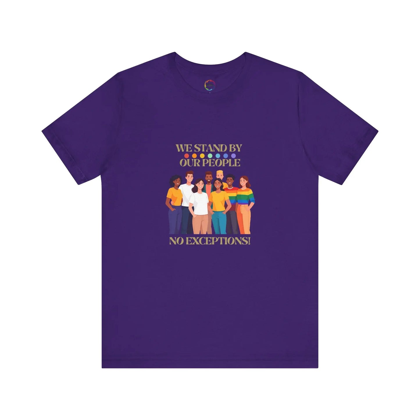Purple crew neck t-shirt with graphic print of diverse group of people standing together and the text 'WE STAND BY OUR PEOPLE' above the image.
