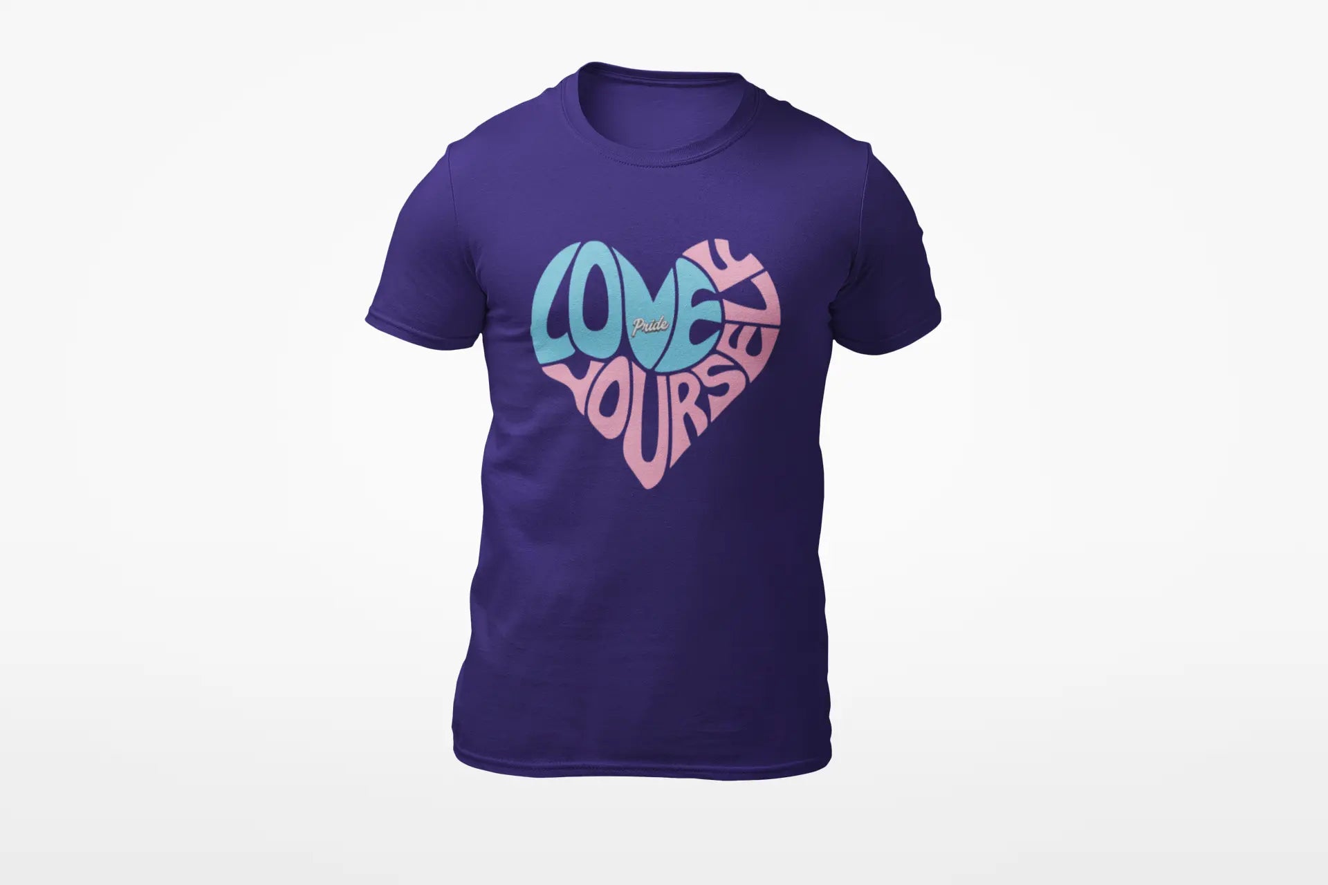Purple t-shirt with "Love Yourself" written in the colors that represent the transgender community.