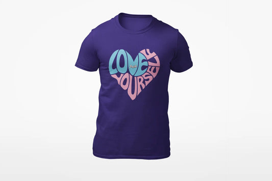 Purple t-shirt with "Love Yourself" written in the colors that represent the transgender community.