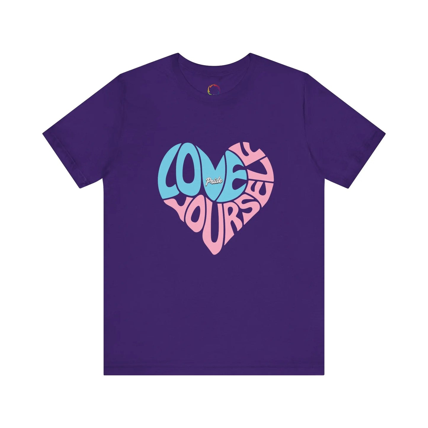 Purple t-shirt with "Love Yourself" written in the colors that represent the transgender community.