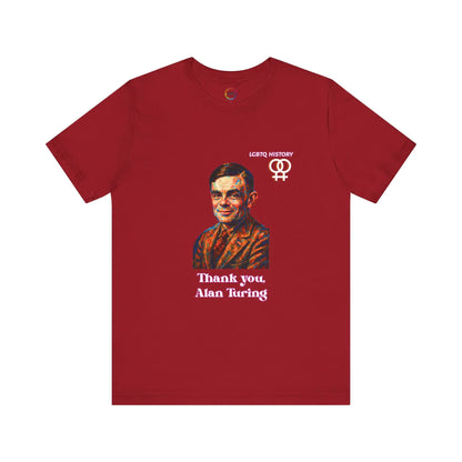 Red t-shirt with a graphic of Alan Turing and text on a white background
