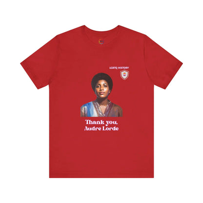 Red t-shirt with a graphic of Audre Lorde and text 'Thank you, Audre Lorde' on a white background
