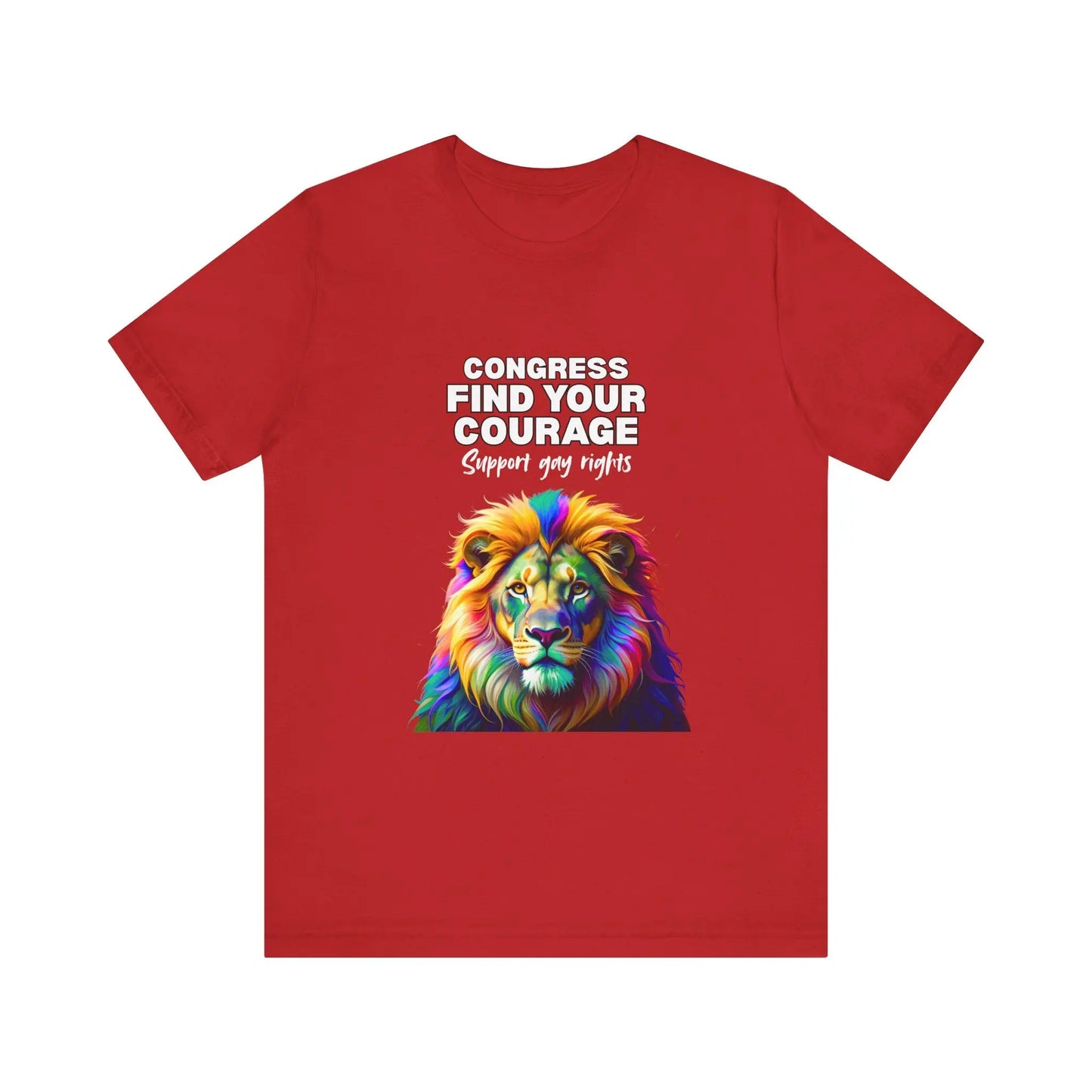 A red t-shirt with a graphic and text that supports gay rights.