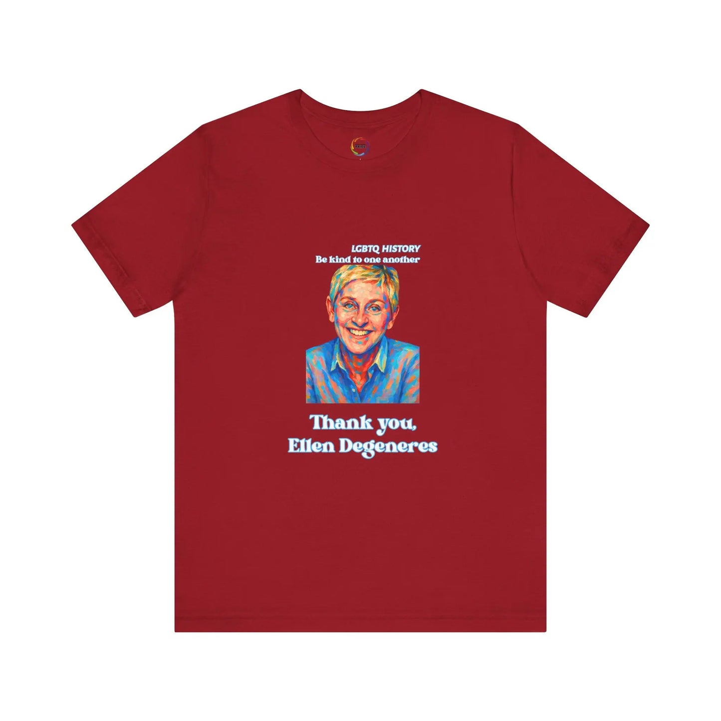 Red t-shirt with a graphic of Ellen DeGeneres and text on a white background