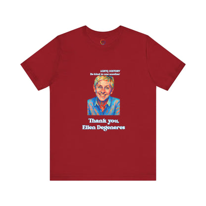Red t-shirt with a graphic of Ellen DeGeneres and text on a white background