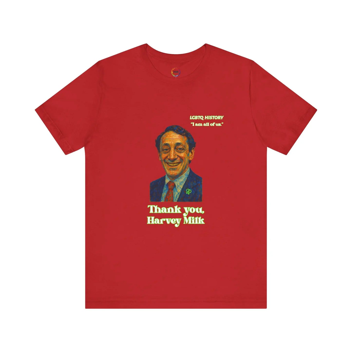 Red t-shirt with a graphic of Harvey Milk and text on a white background