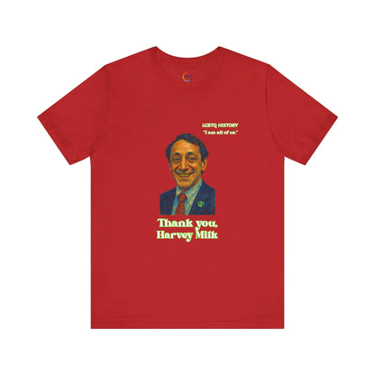 Red t-shirt with a graphic of Harvey Milk and text on a white background