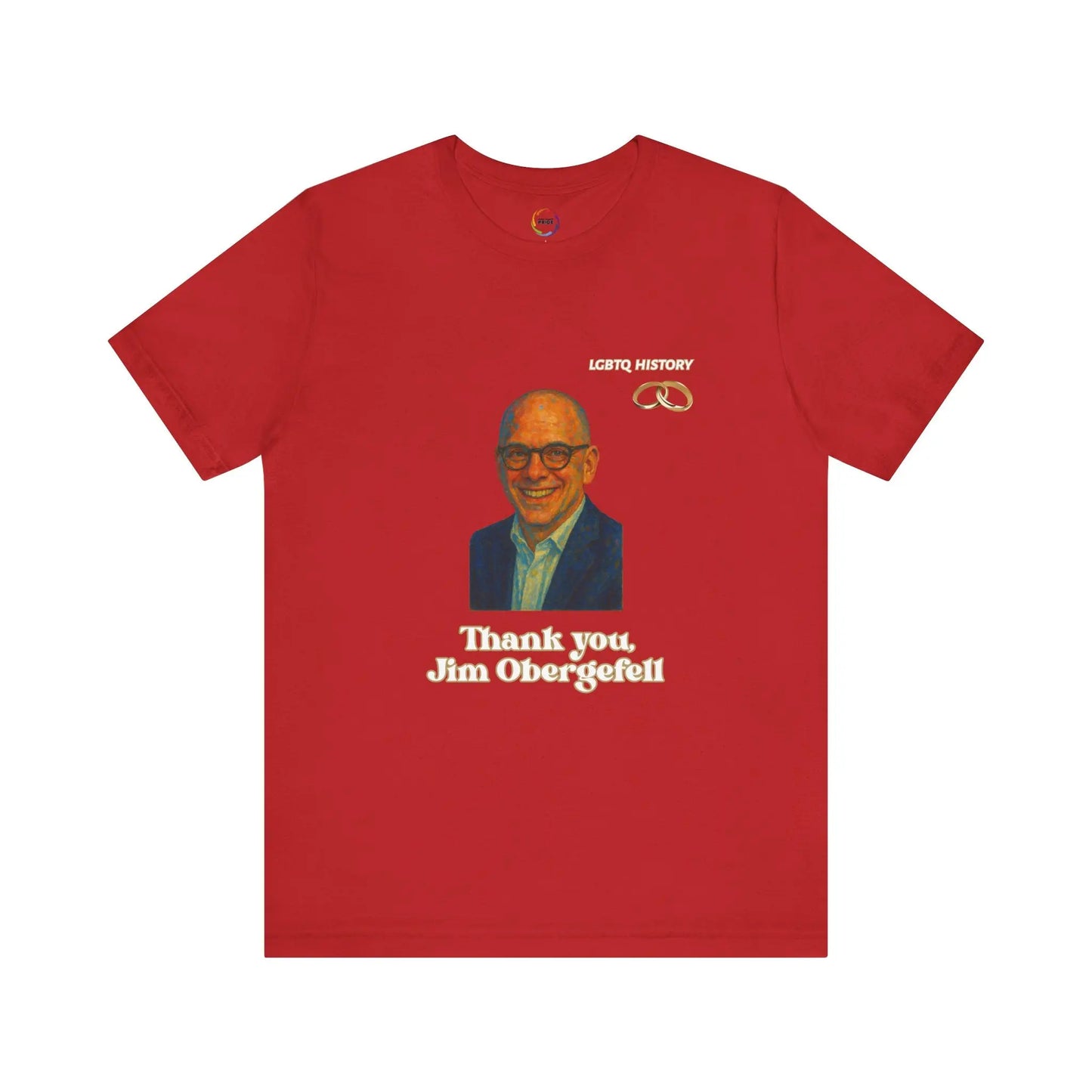 Red t-shirt with a graphic of Jim Obergefell and text on a white background