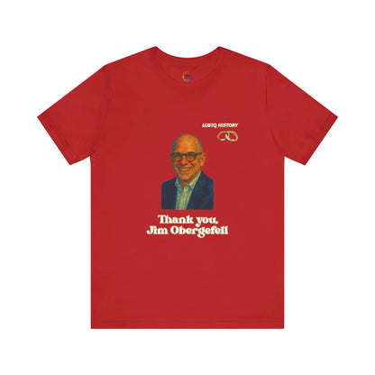 Red t-shirt with a graphic of Jim Obergefell and text on a white background