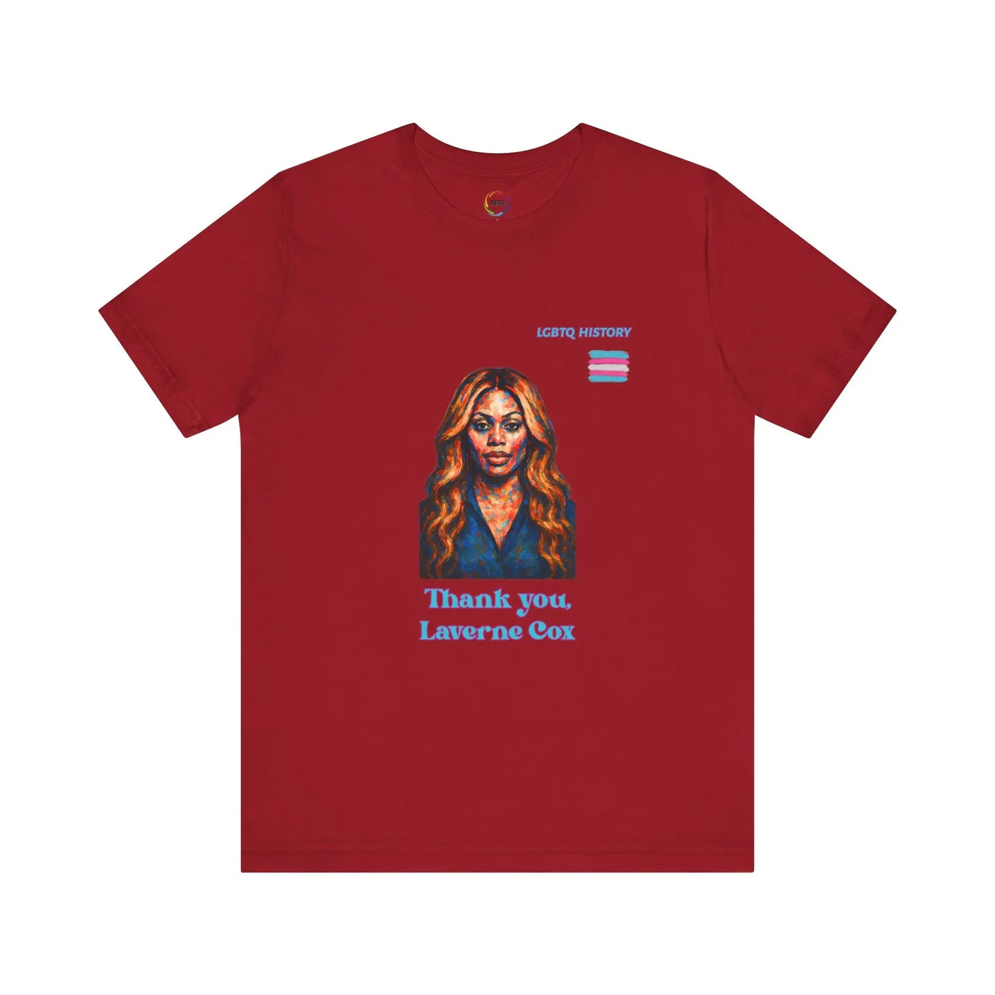Red t-shirt with a graphic of Laverne Cox and text on a white background