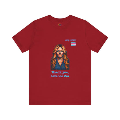Red t-shirt with a graphic of Laverne Cox and text on a white background