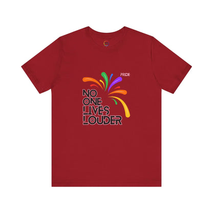 A red short sleeve tee with text saying "No One Lives Louder" and a fireworks design.