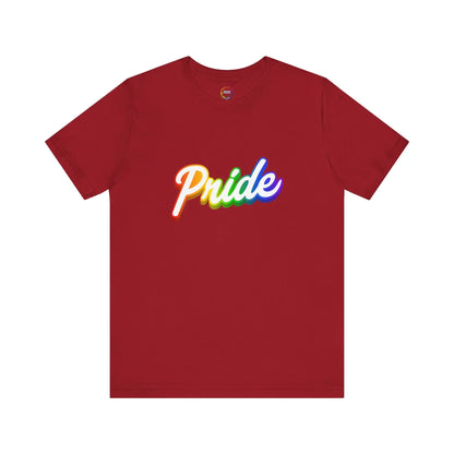 Red t-shirt with 'Pride' in colorful letters on a white background