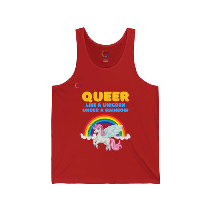 Red unisex jersey tank top with a colorful graphic that includes a rainbow and a unicorn, with the text 'QUEER like a unicorn UNDER a rainbow'.