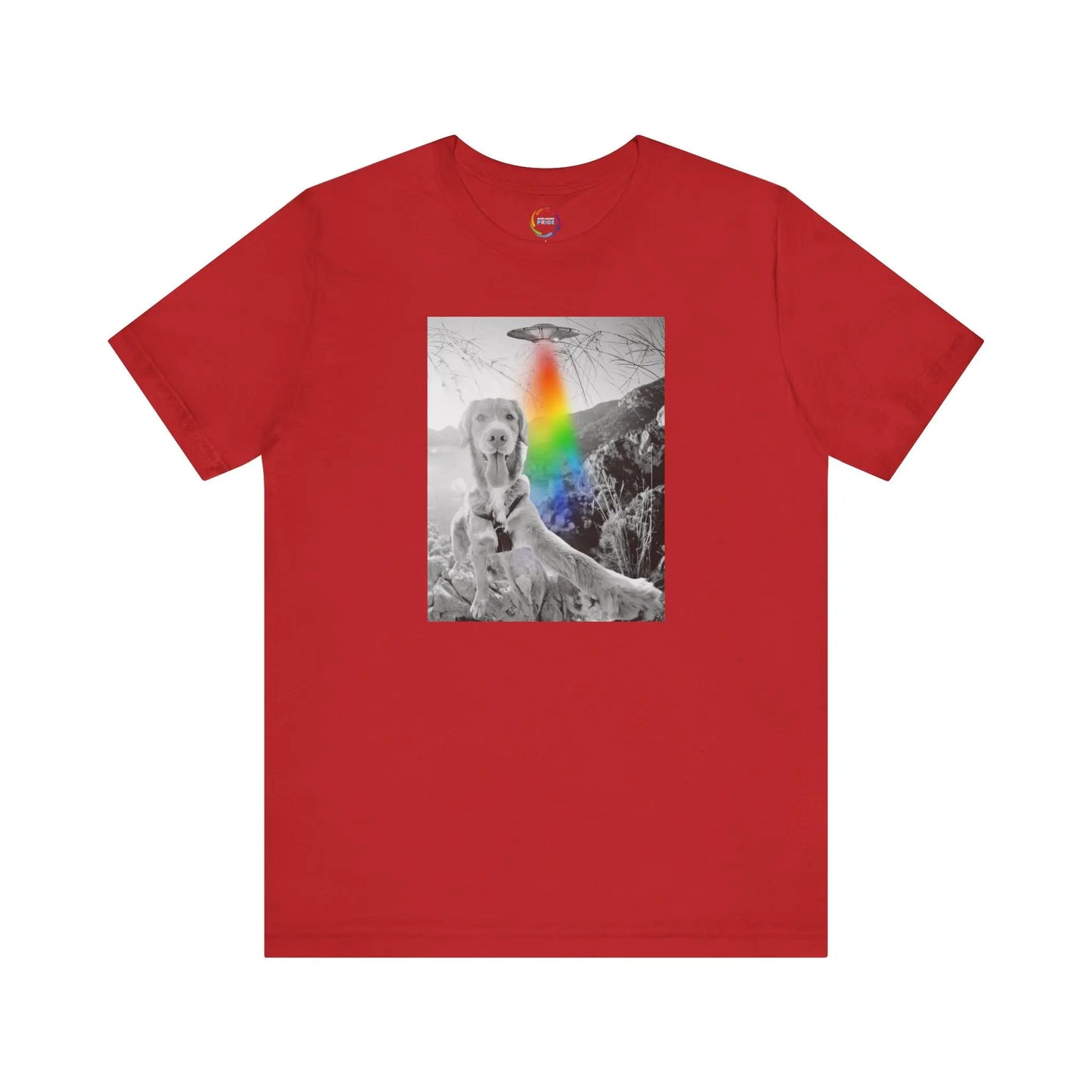 Red t-shirt with a graphic of a UFO, a dog and a rainbow on a white background