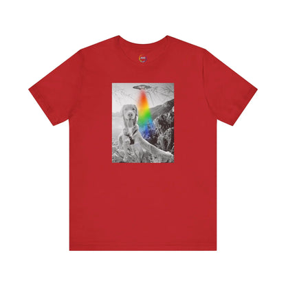 Red t-shirt with a graphic of a UFO, a dog and a rainbow on a white background