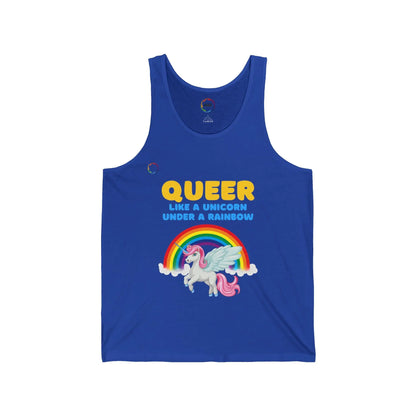 Royal blue unisex jersey tank top with a colorful graphic that includes a rainbow and a unicorn, with the text 'QUEER like a unicorn UNDER a rainbow'.