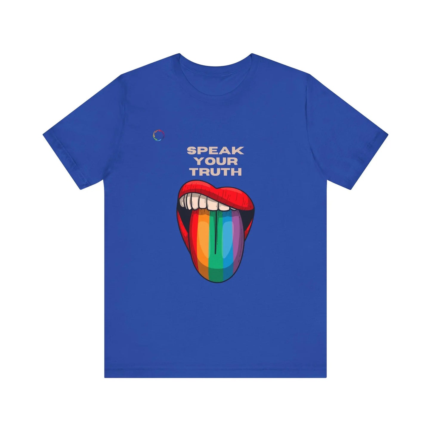 A royal blue tee with a colorful graphic of a rainbow tongue with text that says 'Speak Your Truth' on a white background.