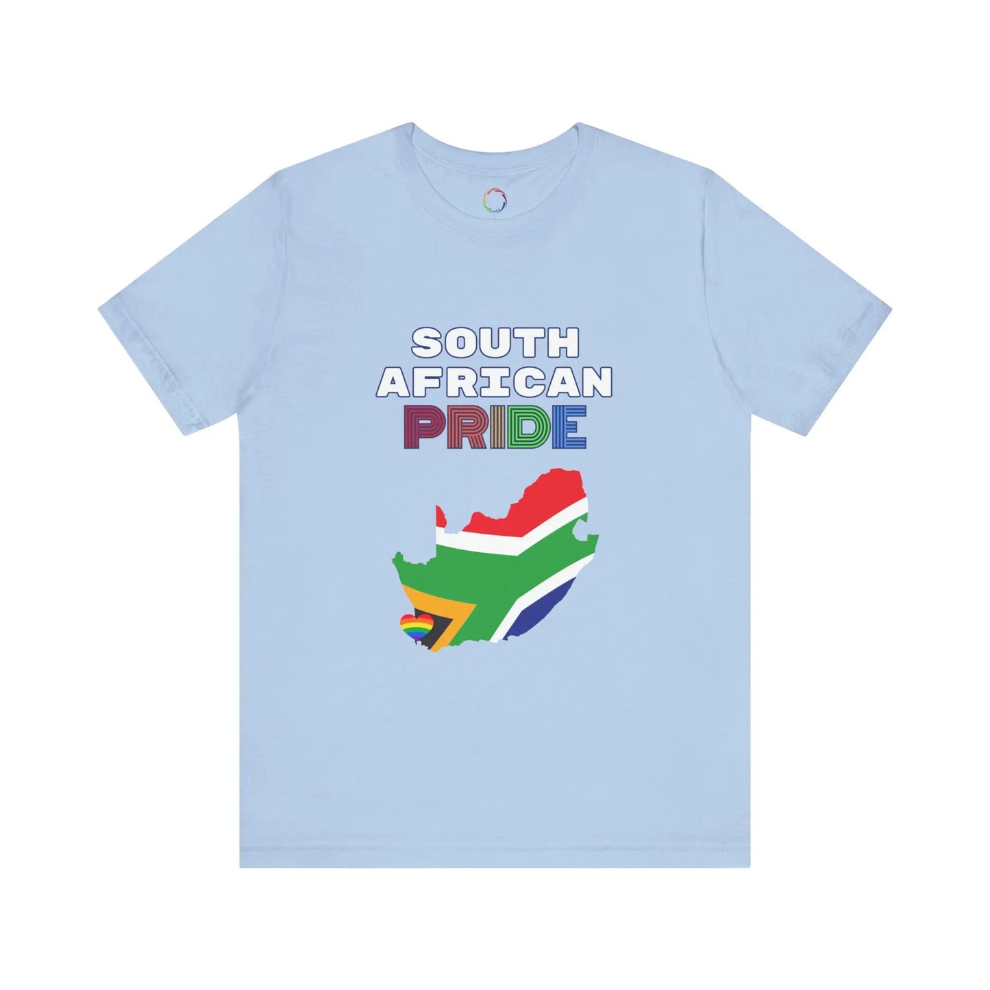A sky blue short-sleeve t-shirt with 'SOUTH AFRICAN PRIDE' text and a graphic of the South African flag on it.