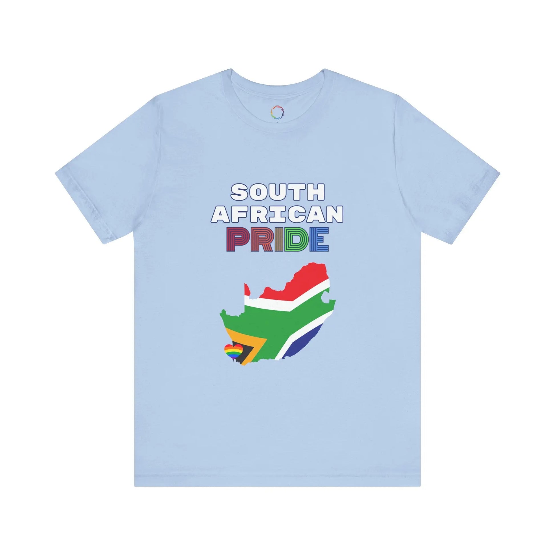 A sky blue short-sleeve t-shirt with 'SOUTH AFRICAN PRIDE' text and a graphic of the South African flag on it.