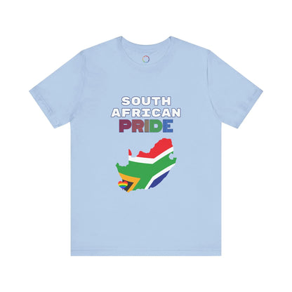 A sky blue short-sleeve t-shirt with 'SOUTH AFRICAN PRIDE' text and a graphic of the South African flag on it.