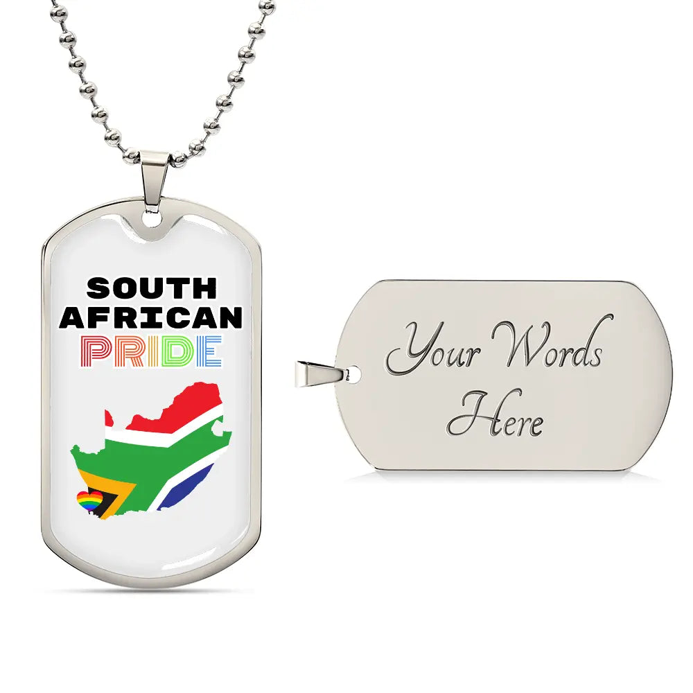 A dog tag necklace with 'SOUTH AFRICAN PRIDE' written on it and the colors of the South African flag in the background. Also features a personalized engraving.