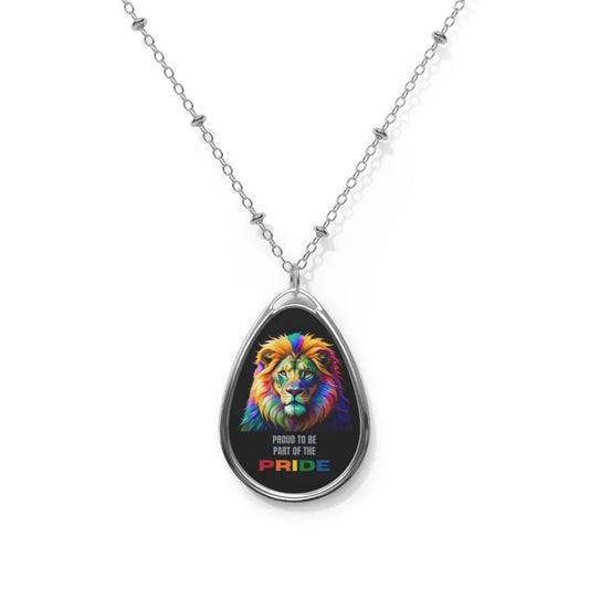 Necklace with a teardrop-shaped pendant featuring a colorful lion design and text  Proud to be part of the PRIDE on a white background.