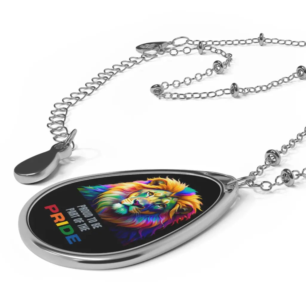 Necklace with a teardrop-shaped pendant featuring a colorful lion design and 'Proud to be Pride' text on a white background.