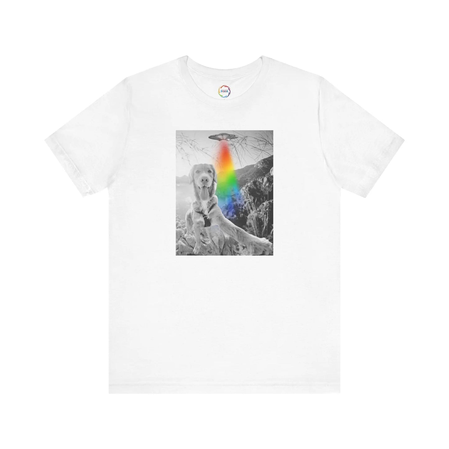 White t-shirt with a graphic of a dog, a UFO and rainbow on a white background