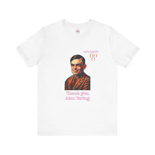 White t-shirt with a graphic of Alan Turing and text on a white background