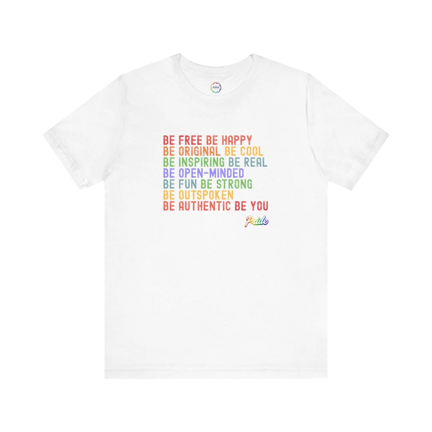 White t-shirt with colorful motivational text on a white background