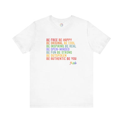 White t-shirt with colorful motivational text on a white background