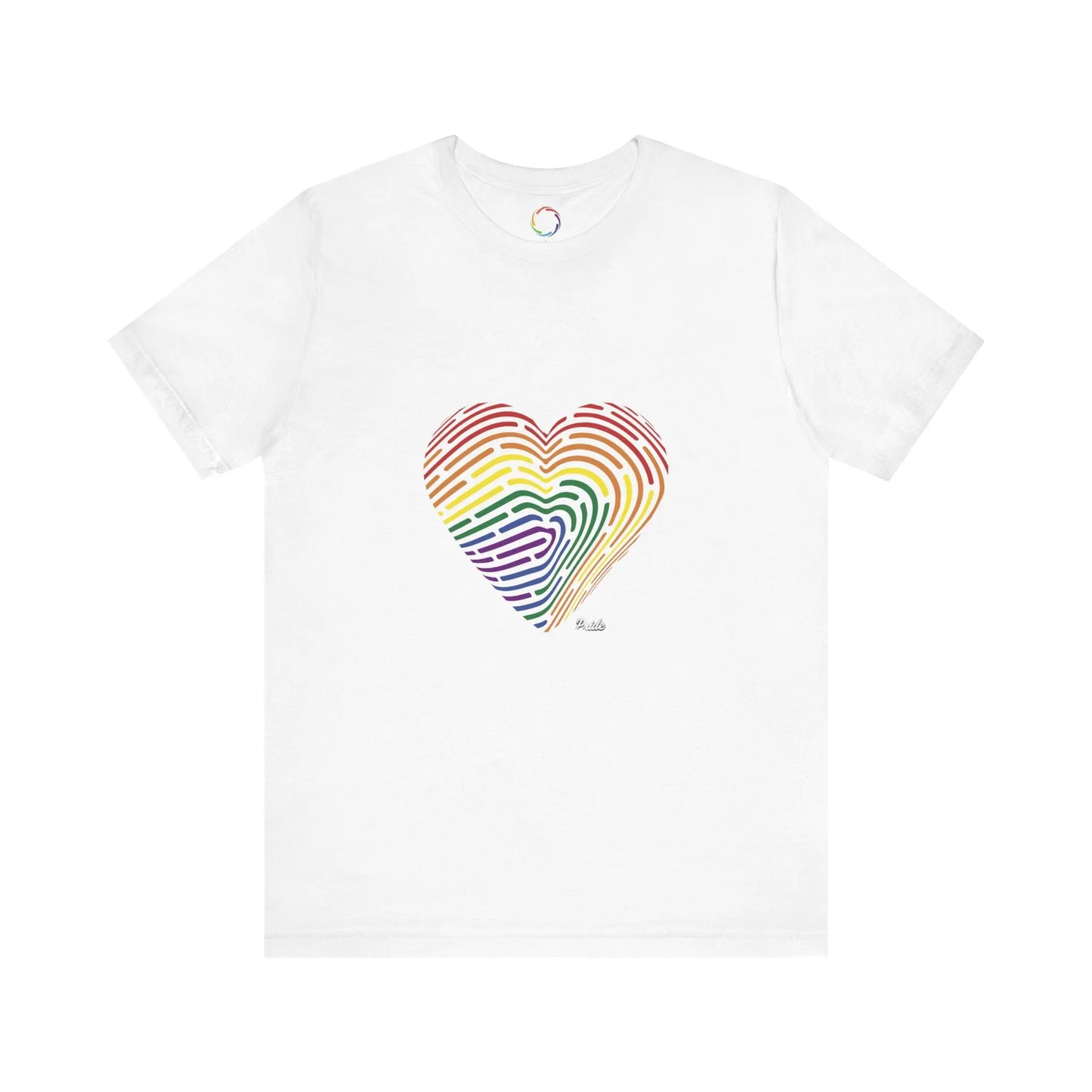 White t-shirt with a rainbow fingerprint heart design on a white background