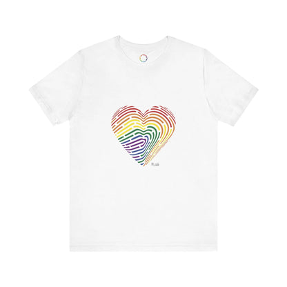 White t-shirt with a rainbow fingerprint heart design on a white background